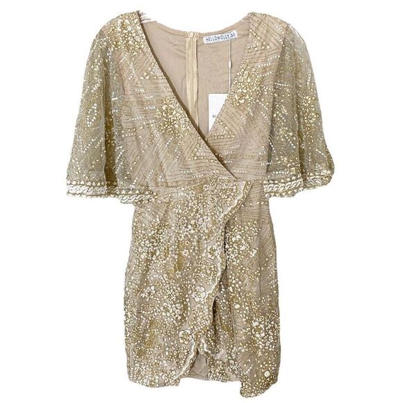 Hello Molly Allover Glitter Wrap Flutter Sleeve Mini Dress NWT Size Extra Small - Picture 3 of 7